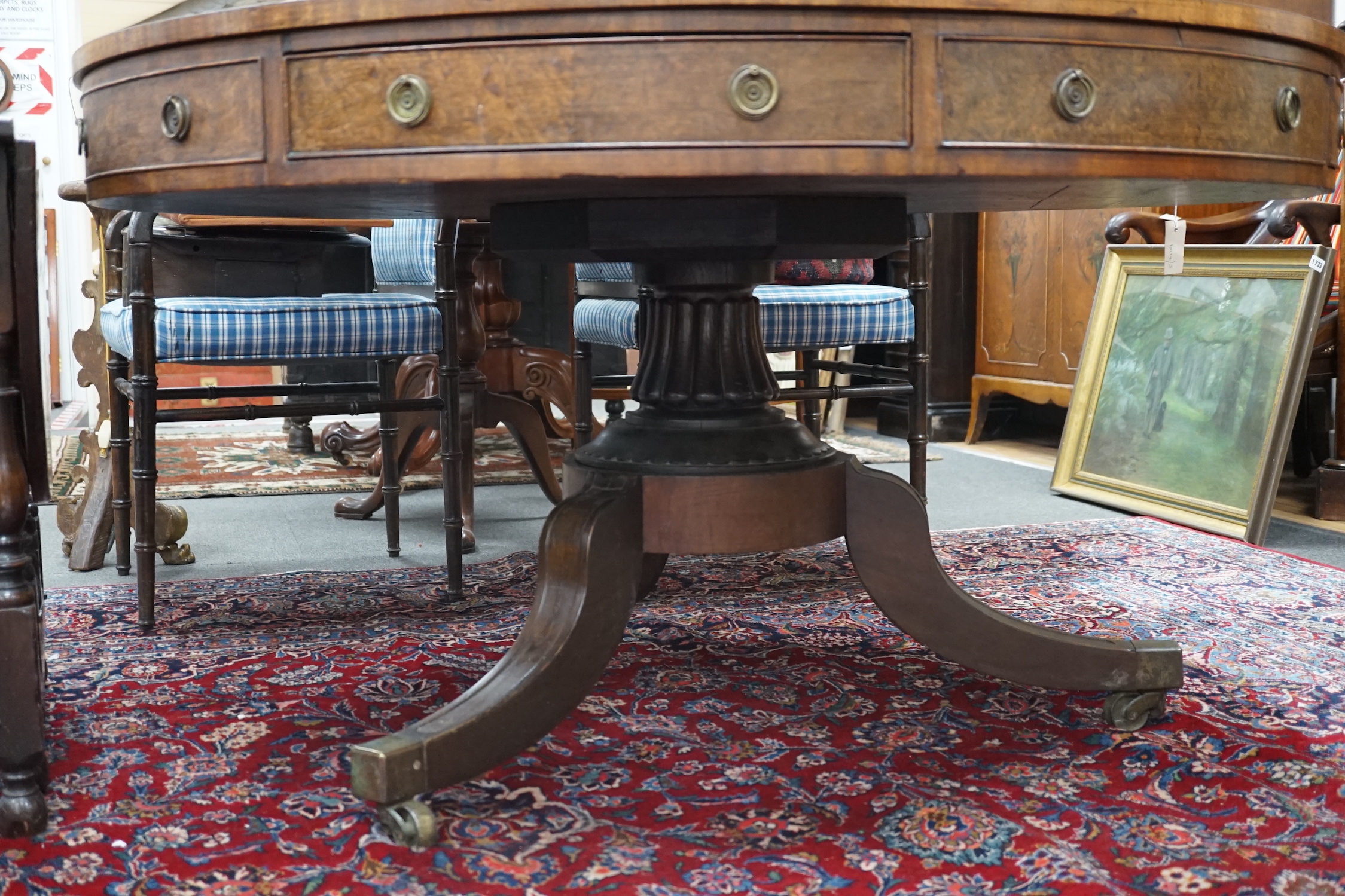 A Regency and later circular mahogany drum table, diameter 136cm, height 74cm